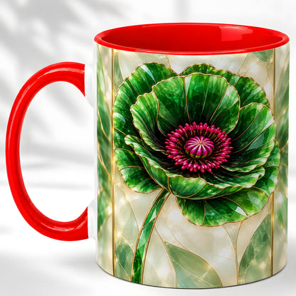 Emerald Poppy Coffee Mug, Stained Glass Style Mug, Ceramic Cup