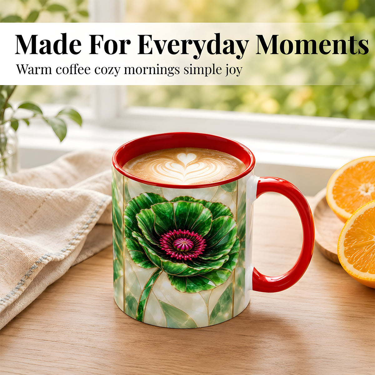 #pl[11oz|Red] Emerald Poppy Coffee Mug, Stained Glass Style Mug, Ceramic Cup