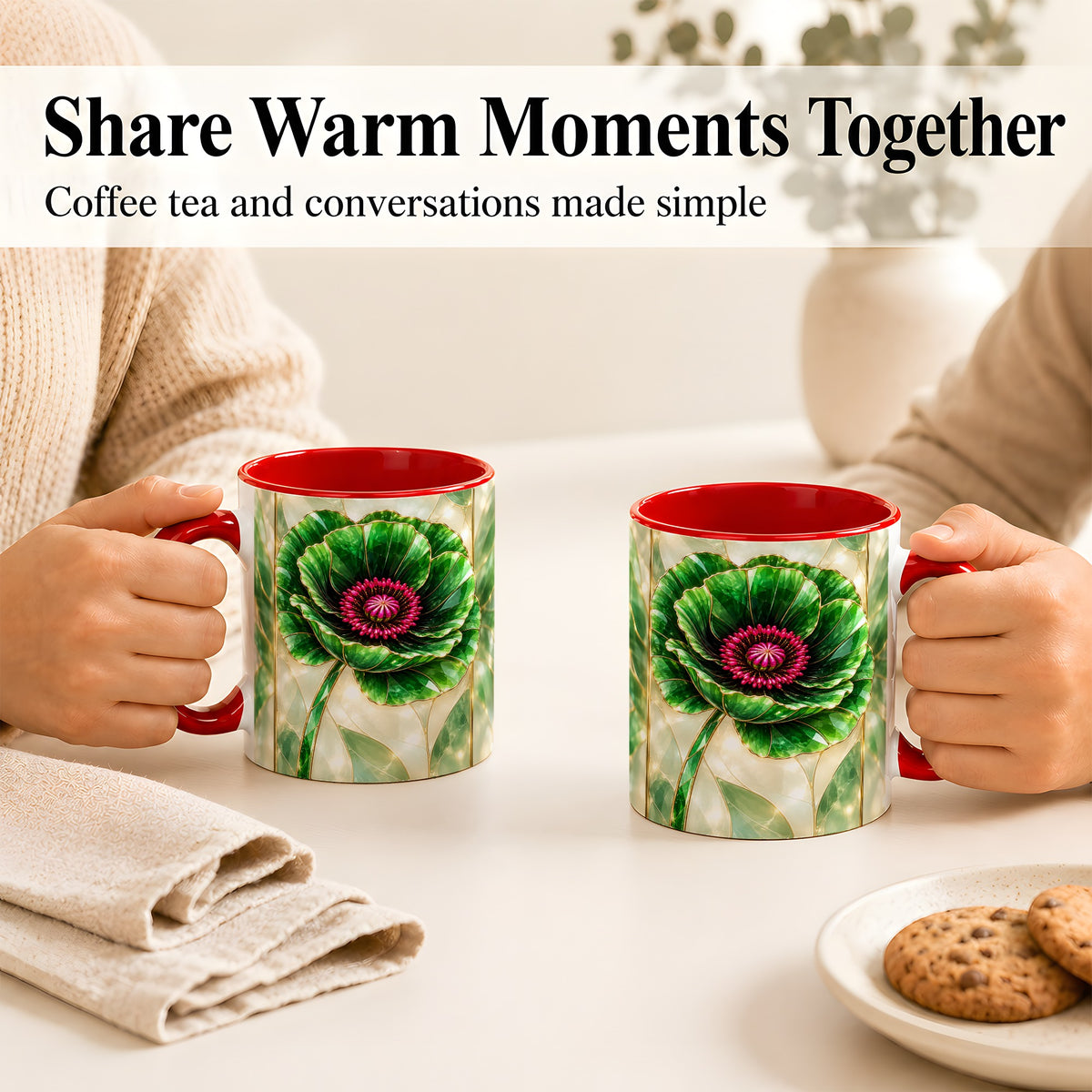 #pl[11oz|Red] Emerald Poppy Coffee Mug, Stained Glass Style Mug, Ceramic Cup