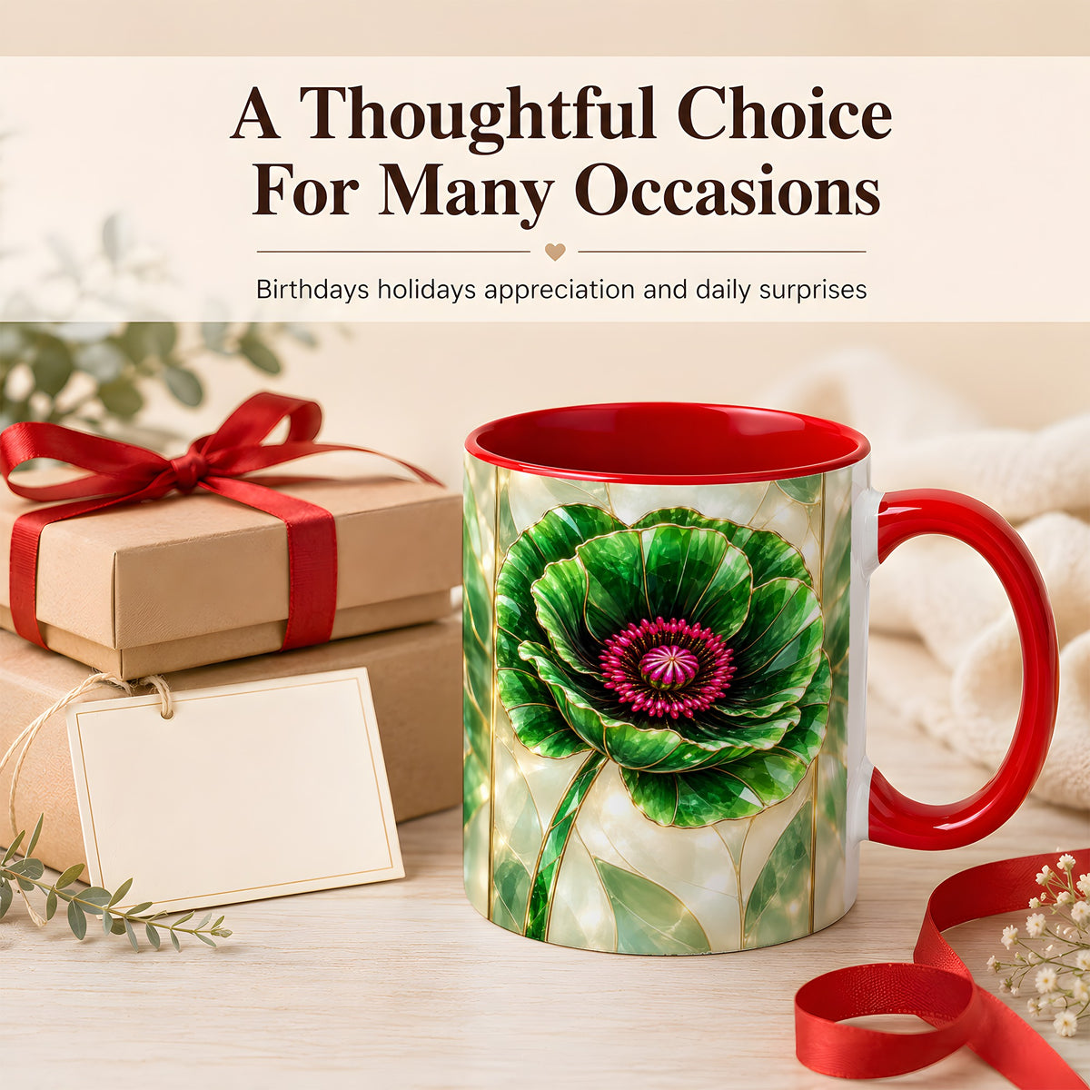 #pl[11oz|Red] Emerald Poppy Coffee Mug, Stained Glass Style Mug, Ceramic Cup