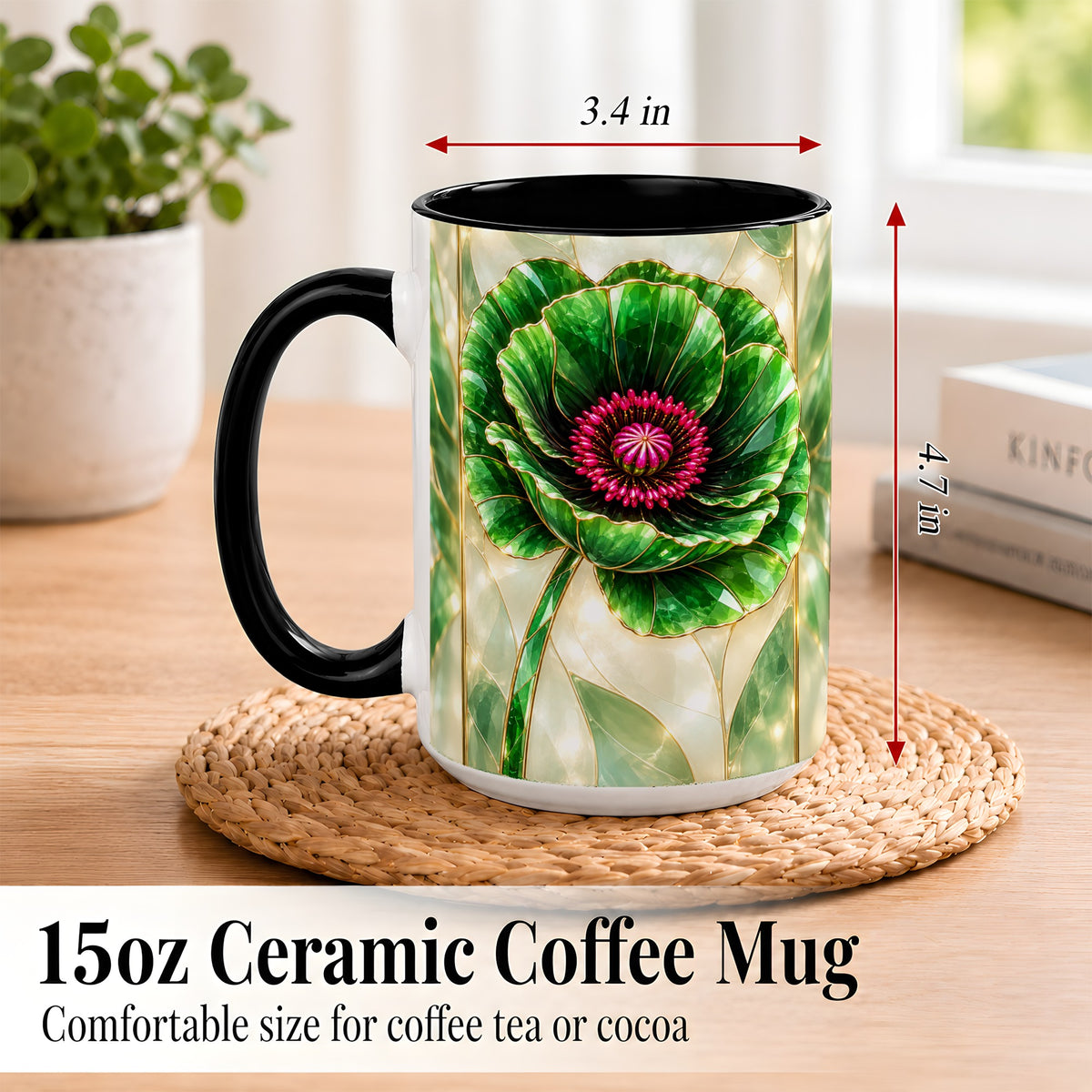 #pl[15oz|Black] Emerald Poppy Coffee Mug, Stained Glass Style Mug, Ceramic Cup