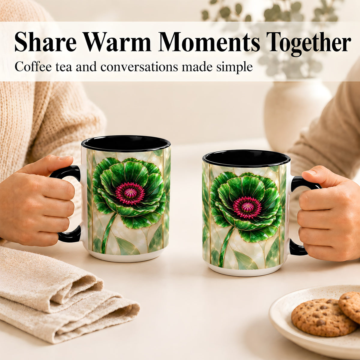 #pl[15oz|Black] Emerald Poppy Coffee Mug, Stained Glass Style Mug, Ceramic Cup