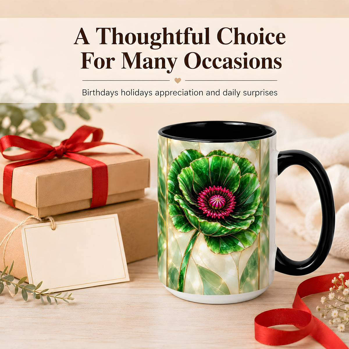 #pl[15oz|Black] Emerald Poppy Coffee Mug, Stained Glass Style Mug, Ceramic Cup
