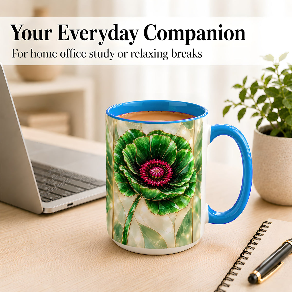 #pl[15oz|Blue] Emerald Poppy Coffee Mug, Stained Glass Style Mug, Ceramic Cup