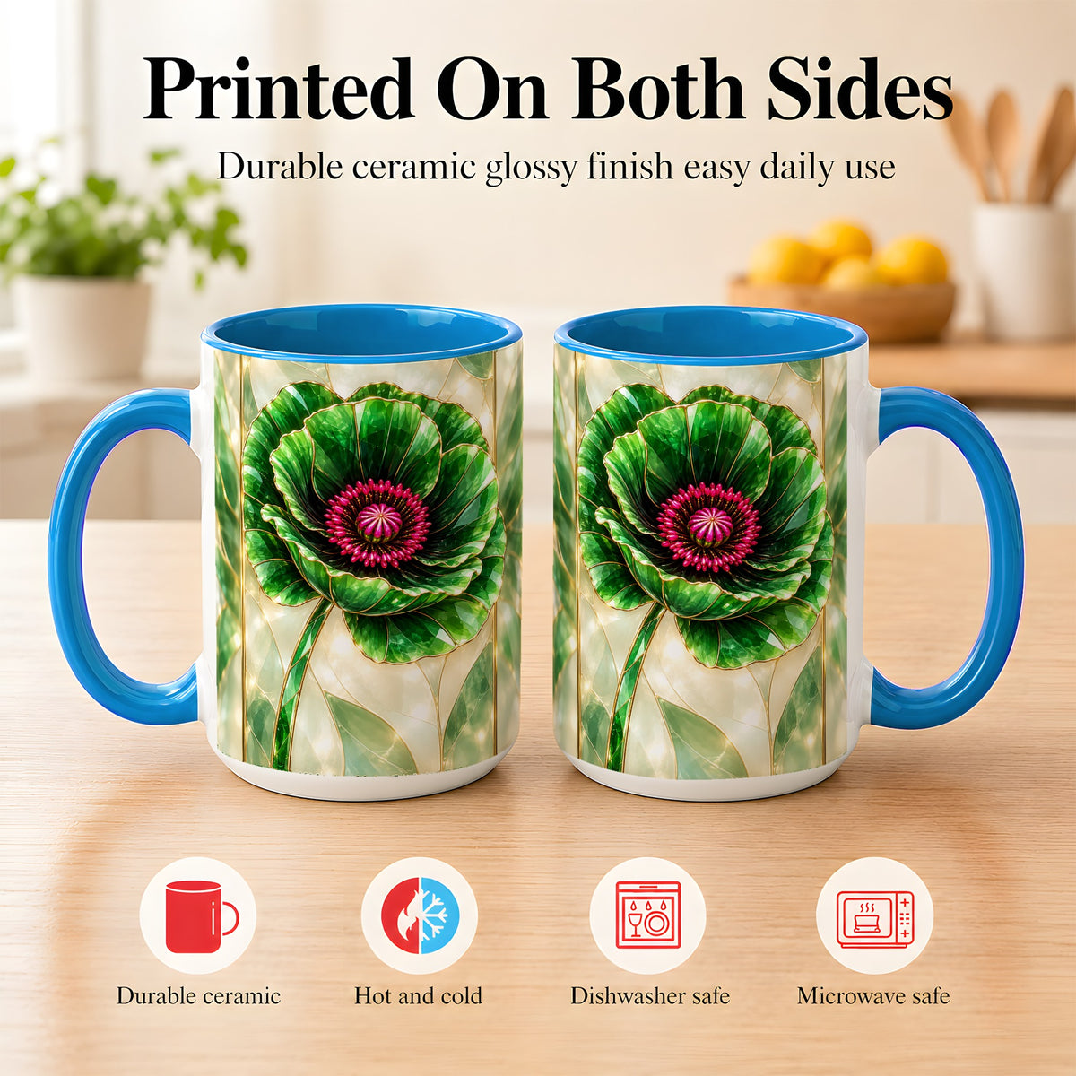 #pl[15oz|Blue] Emerald Poppy Coffee Mug, Stained Glass Style Mug, Ceramic Cup