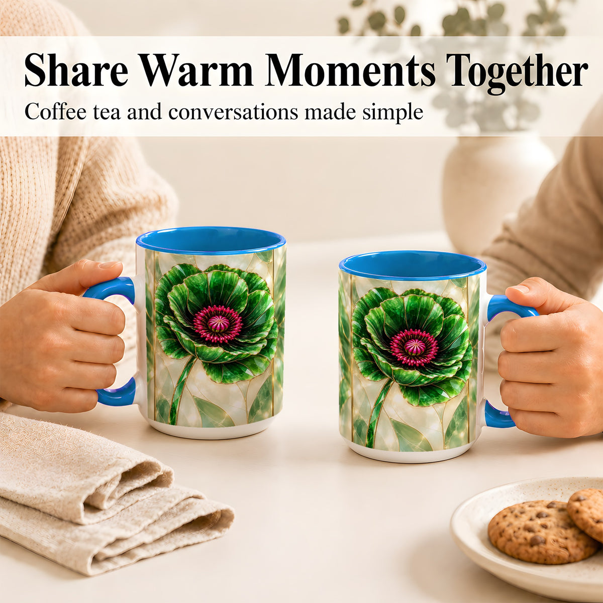 #pl[15oz|Blue] Emerald Poppy Coffee Mug, Stained Glass Style Mug, Ceramic Cup