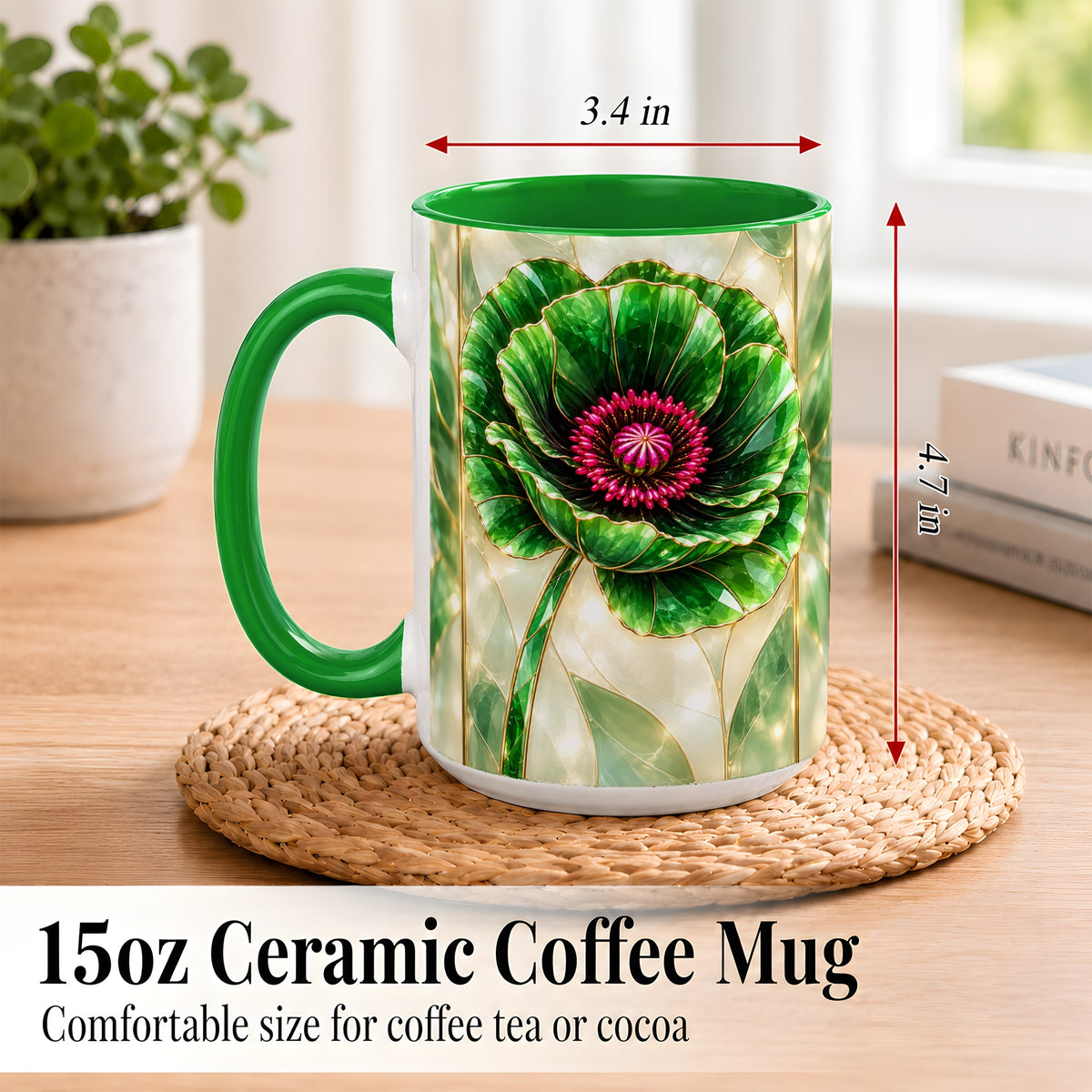 #pl[15oz|Green] Emerald Poppy Coffee Mug, Stained Glass Style Mug, Ceramic Cup
