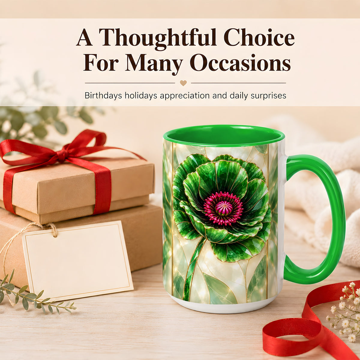 #pl[15oz|Green] Emerald Poppy Coffee Mug, Stained Glass Style Mug, Ceramic Cup