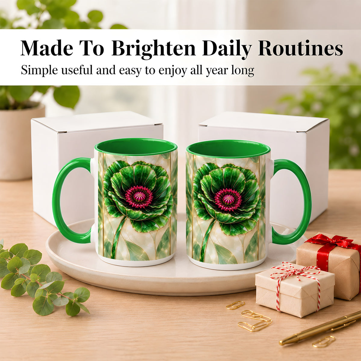 #pl[15oz|Green] Emerald Poppy Coffee Mug, Stained Glass Style Mug, Ceramic Cup