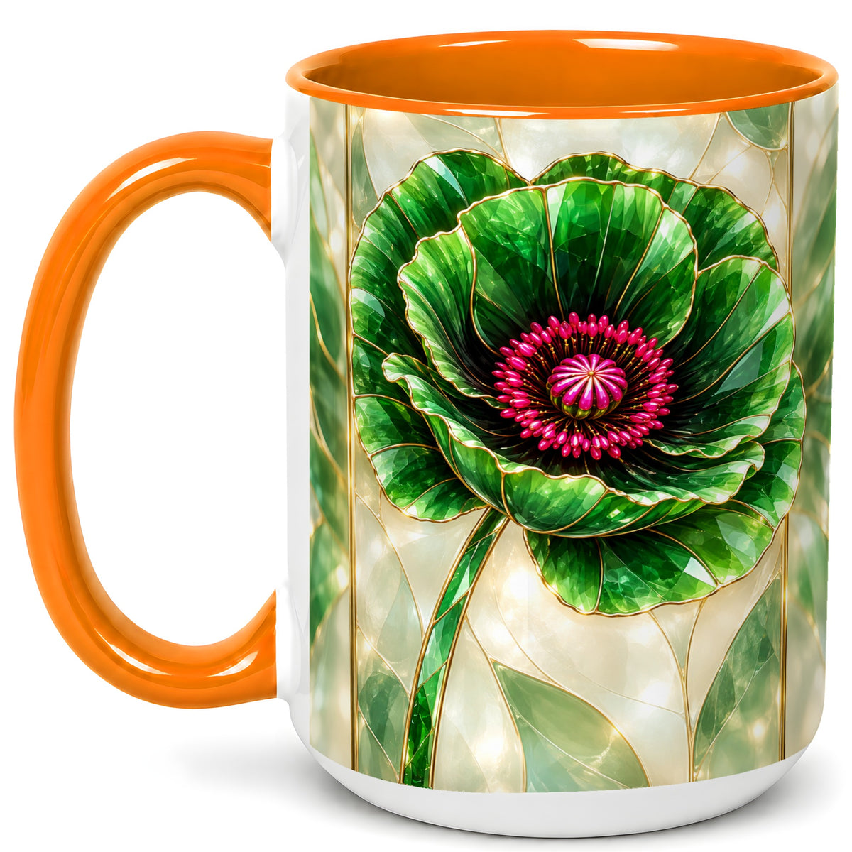 #pl[15oz|Orange] Emerald Poppy Coffee Mug, Stained Glass Style Mug, Ceramic Cup