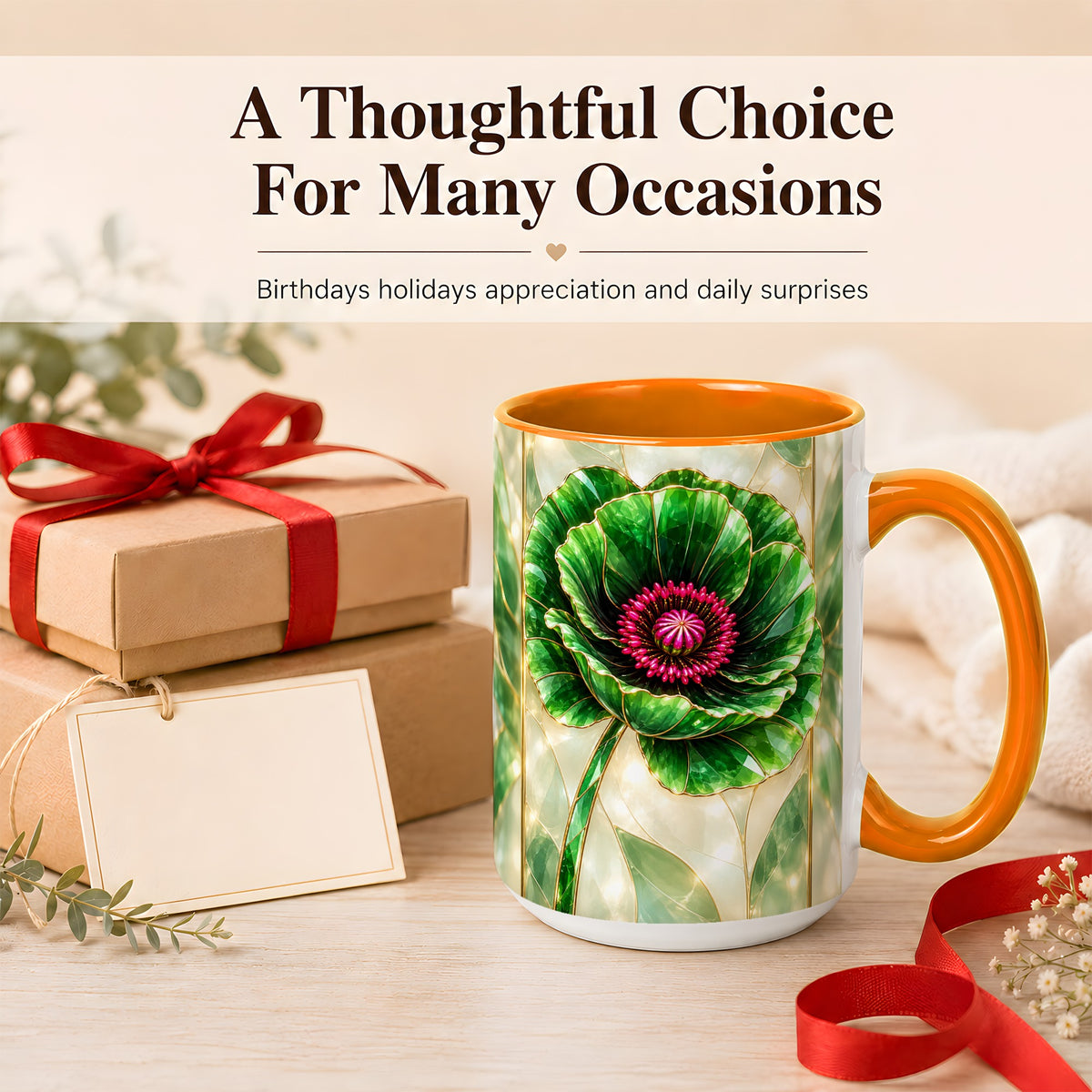 #pl[15oz|Orange] Emerald Poppy Coffee Mug, Stained Glass Style Mug, Ceramic Cup