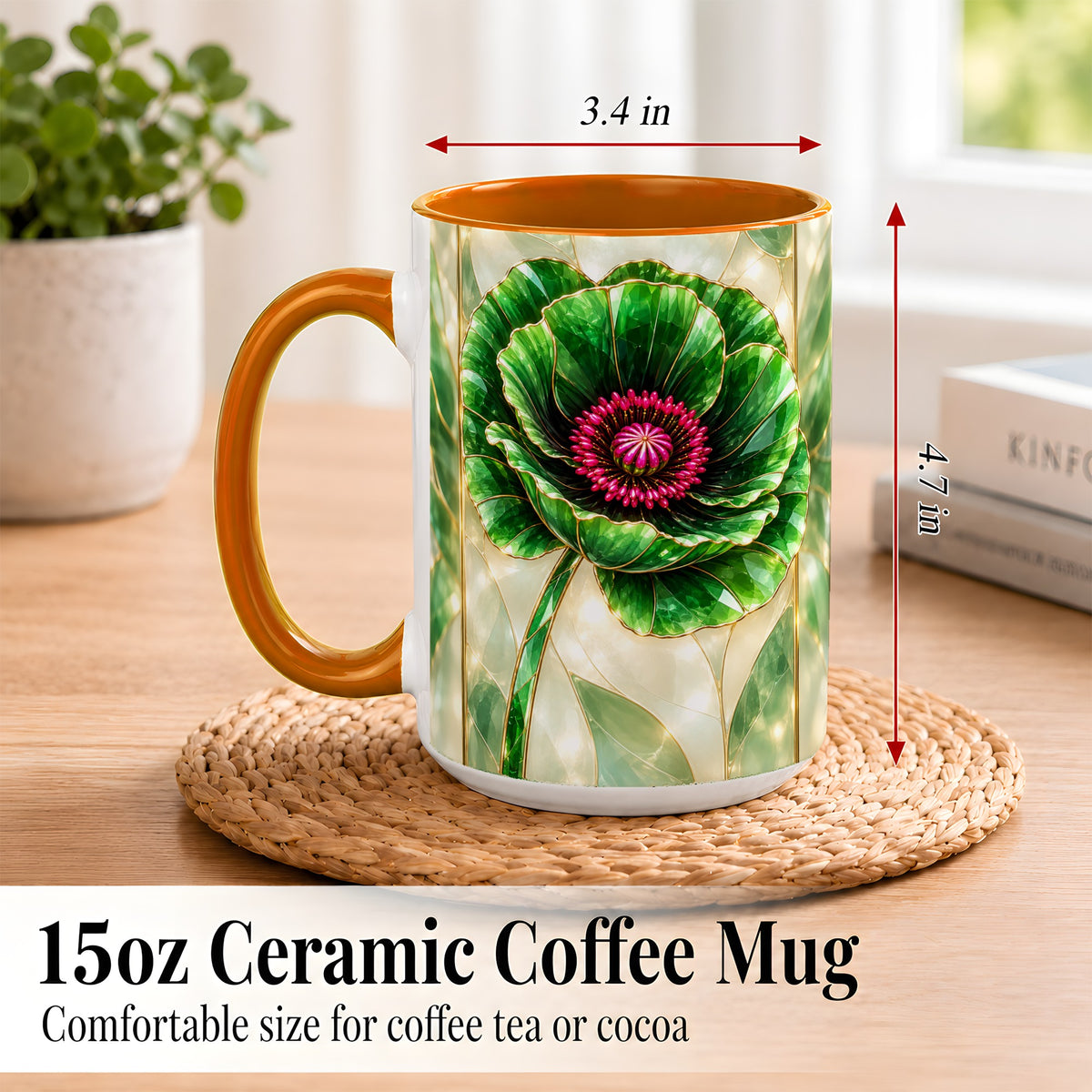 #pl[15oz|Orange] Emerald Poppy Coffee Mug, Stained Glass Style Mug, Ceramic Cup