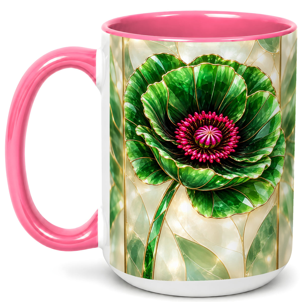 #pl[15oz|Pink] Emerald Poppy Coffee Mug, Stained Glass Style Mug, Ceramic Cup