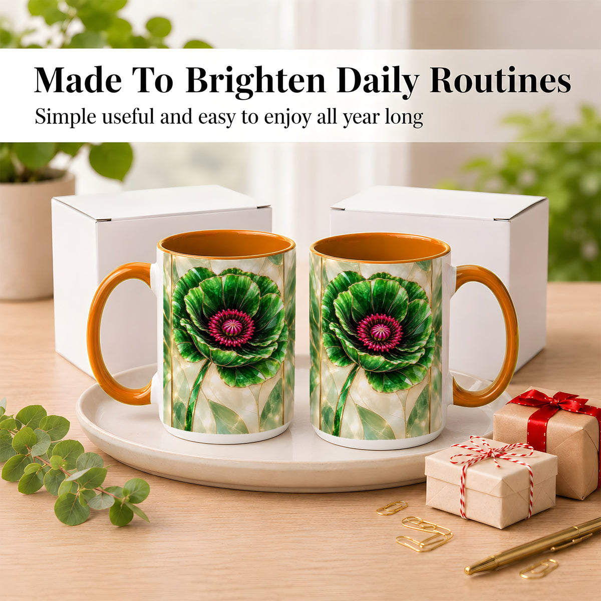 #pl[15oz|Orange] Emerald Poppy Coffee Mug, Stained Glass Style Mug, Ceramic Cup