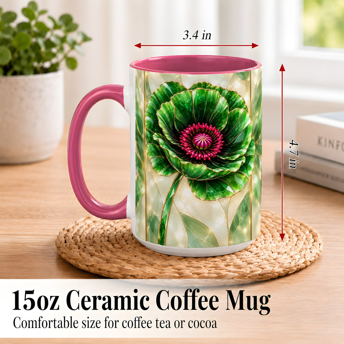#pl[15oz|Pink] Emerald Poppy Coffee Mug, Stained Glass Style Mug, Ceramic Cup