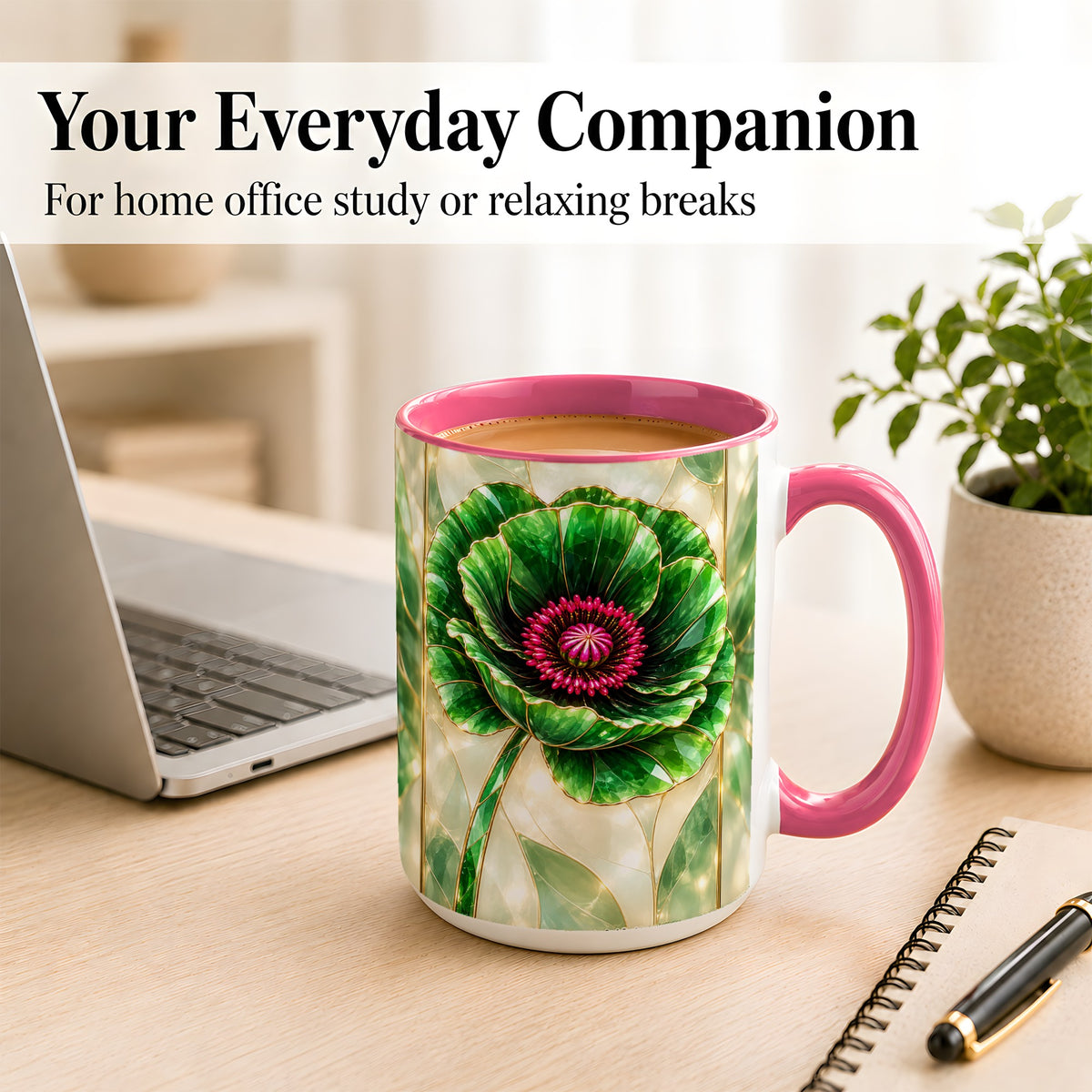 #pl[15oz|Pink] Emerald Poppy Coffee Mug, Stained Glass Style Mug, Ceramic Cup