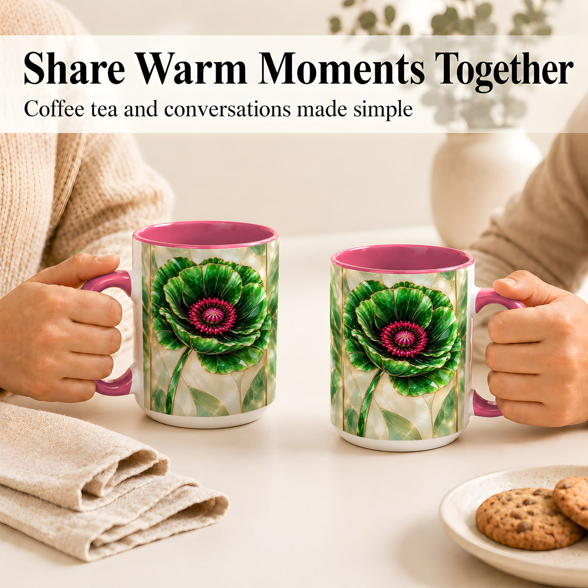 #pl[15oz|Pink] Emerald Poppy Coffee Mug, Stained Glass Style Mug, Ceramic Cup