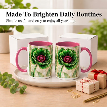 #pl[15oz|Pink] Emerald Poppy Coffee Mug, Stained Glass Style Mug, Ceramic Cup