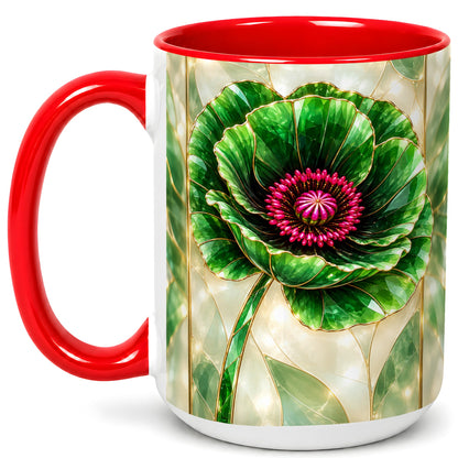 #pl[15oz|Red] Emerald Poppy Coffee Mug, Stained Glass Style Mug, Ceramic Cup