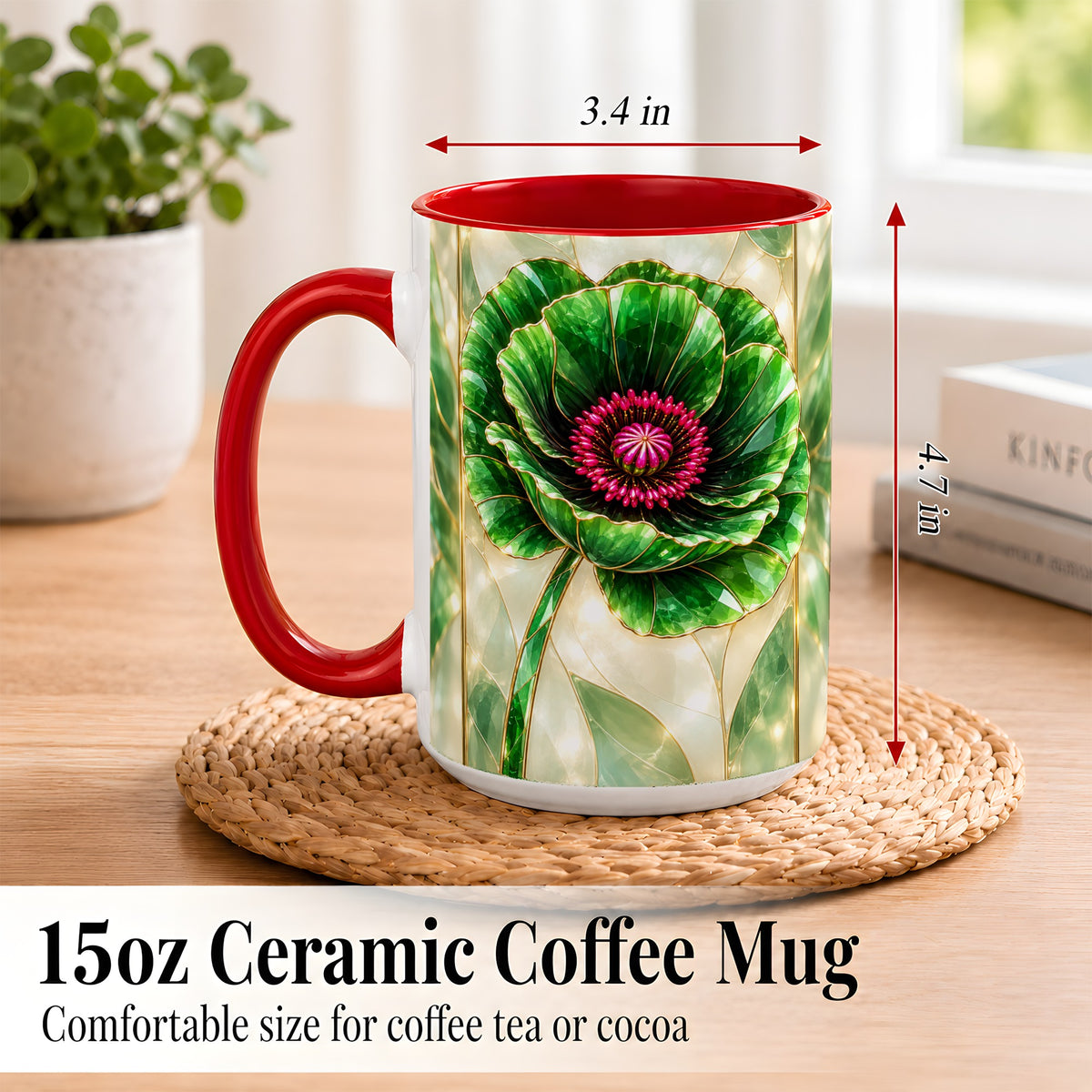 #pl[15oz|Red] Emerald Poppy Coffee Mug, Stained Glass Style Mug, Ceramic Cup