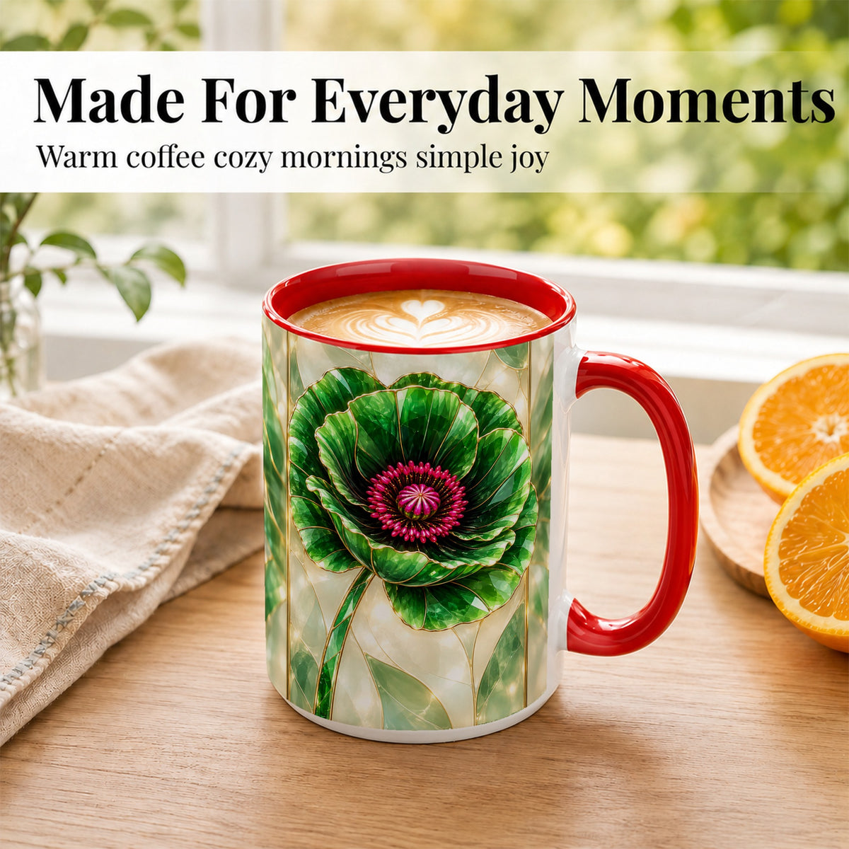 #pl[15oz|Red] Emerald Poppy Coffee Mug, Stained Glass Style Mug, Ceramic Cup