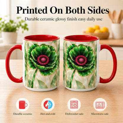 #pl[15oz|Red] Emerald Poppy Coffee Mug, Stained Glass Style Mug, Ceramic Cup