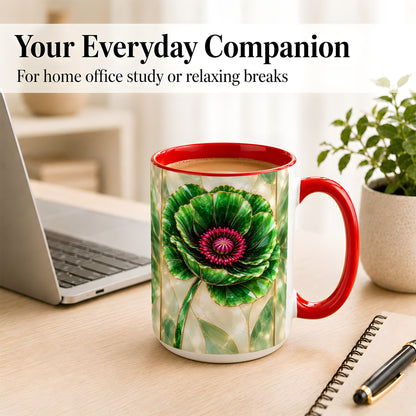 #pl[15oz|Red] Emerald Poppy Coffee Mug, Stained Glass Style Mug, Ceramic Cup