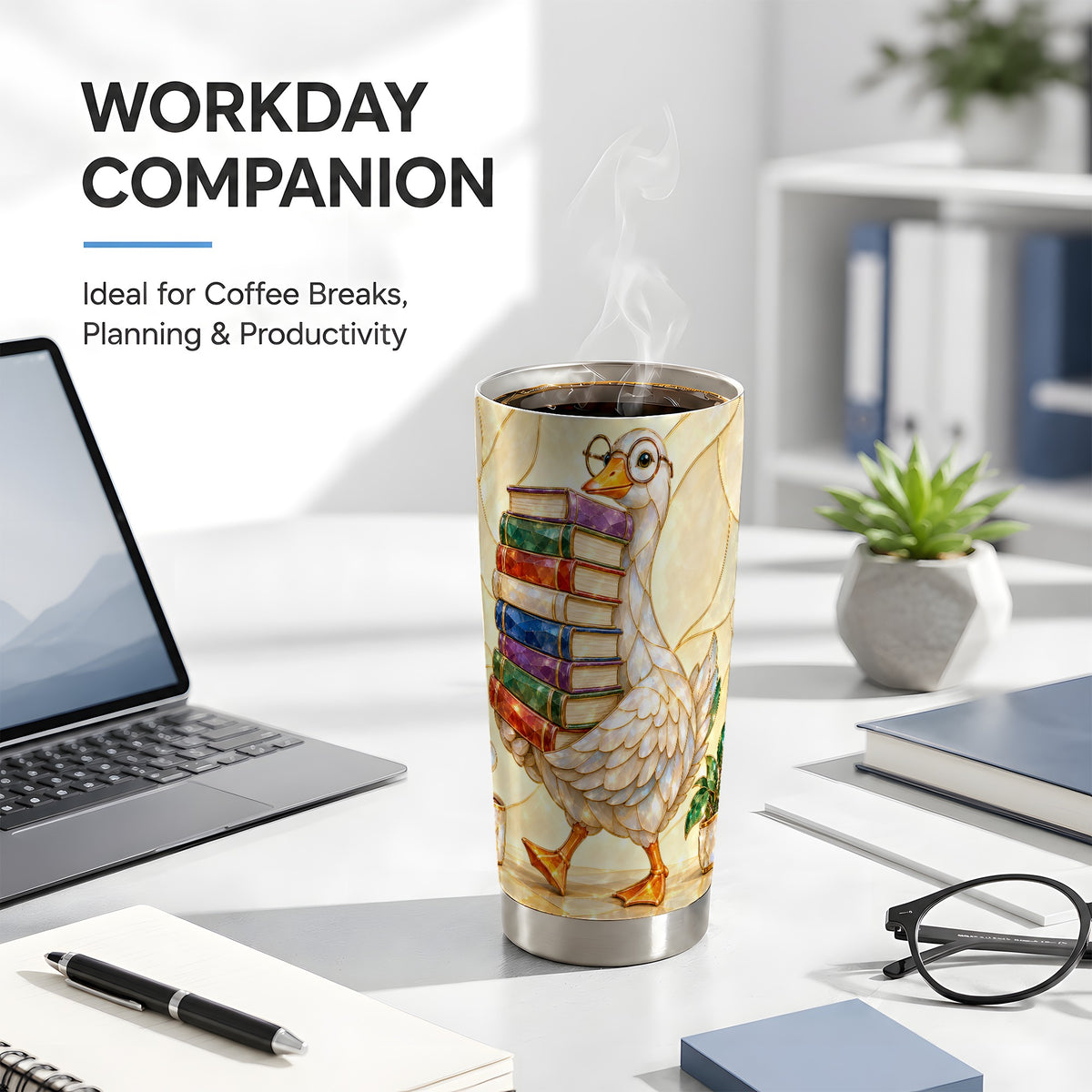 #pl[20oz|Steel] Bookish Goose Tumbler 20oz, Reading Bird Stainless Steel Travel Cup