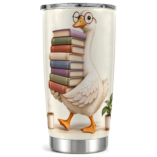 Reading Goose Tumbler 20oz, Book Stack Stainless Steel Travel Cup