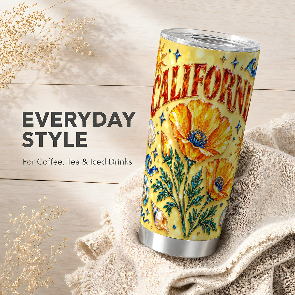 #pl[20oz|Steel] California Poppy Tumbler 20oz, Coastal Floral Stainless Steel Travel Cup