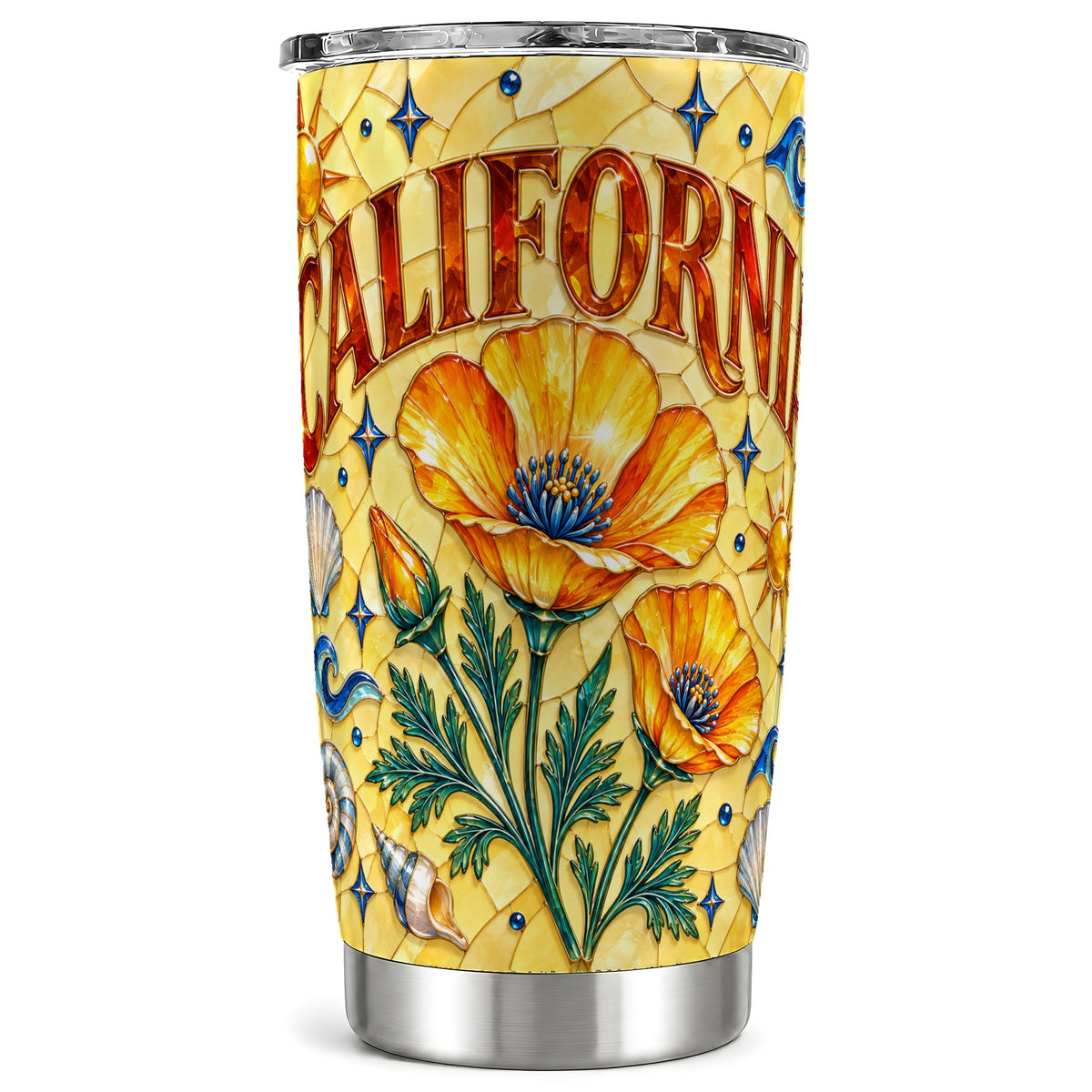 California Poppy Tumbler 20oz, Stained Glass Style Stainless Travel Cup