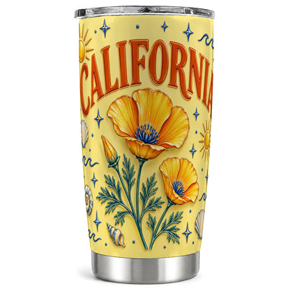 California Poppy Tumbler 20oz, Sunny Coastal Stainless Steel Travel Cup