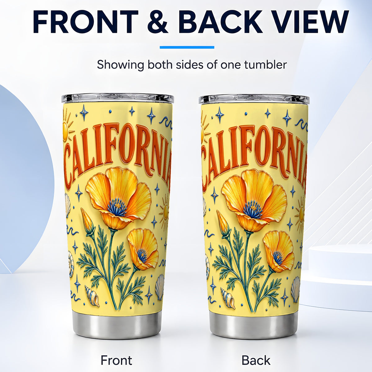 #pl[20oz|Steel] California Poppy Tumbler 20oz, Sunny Coastal Stainless Steel Travel Cup