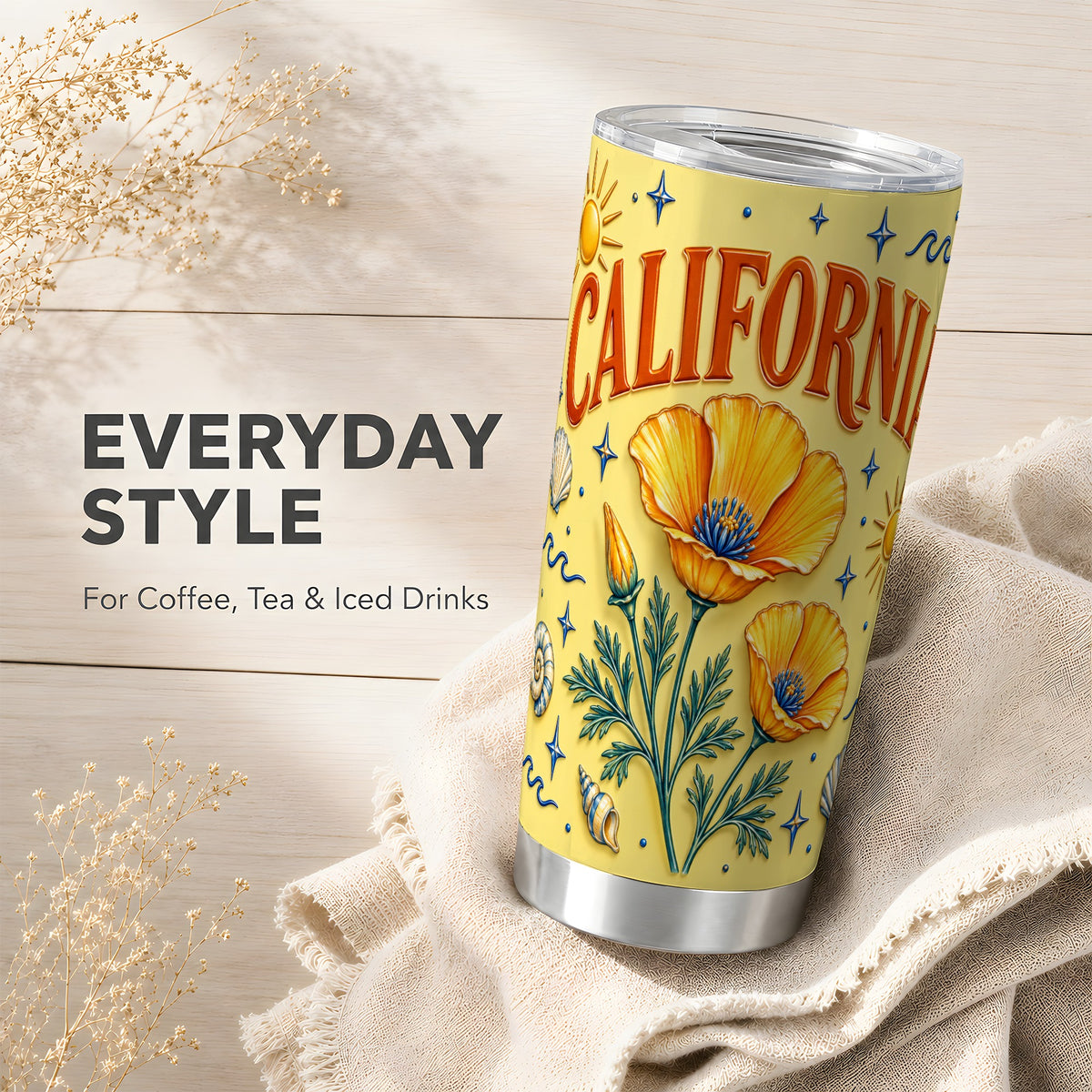 #pl[20oz|Steel] California Poppy Tumbler 20oz, Sunny Coastal Stainless Steel Travel Cup