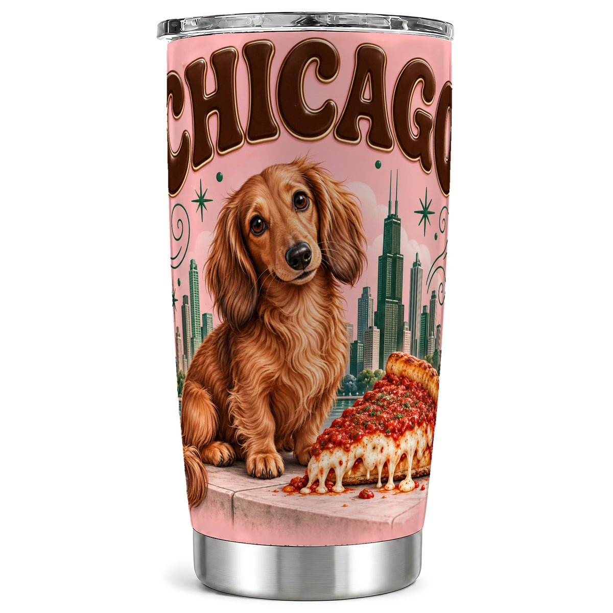 Chicago Dog Pizza Tumbler 20oz, Dachshund Tumbler, Stainless Steel Cup