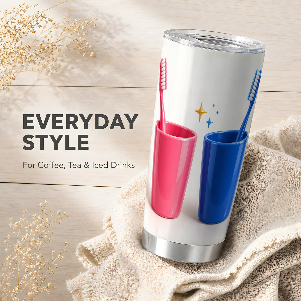 #pl[20oz|Steel] Pink Blue Toothbrush Pair Tumbler 20oz, Dental Stainless Steel Travel Cup