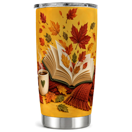 Autumn Reading Tumbler 20oz, Book Lover Tumbler, Stainless Steel Travel Cup