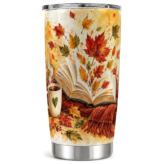 Autumn Reading Tumbler 20oz, Book Tumbler, Stainless Steel Travel Cup