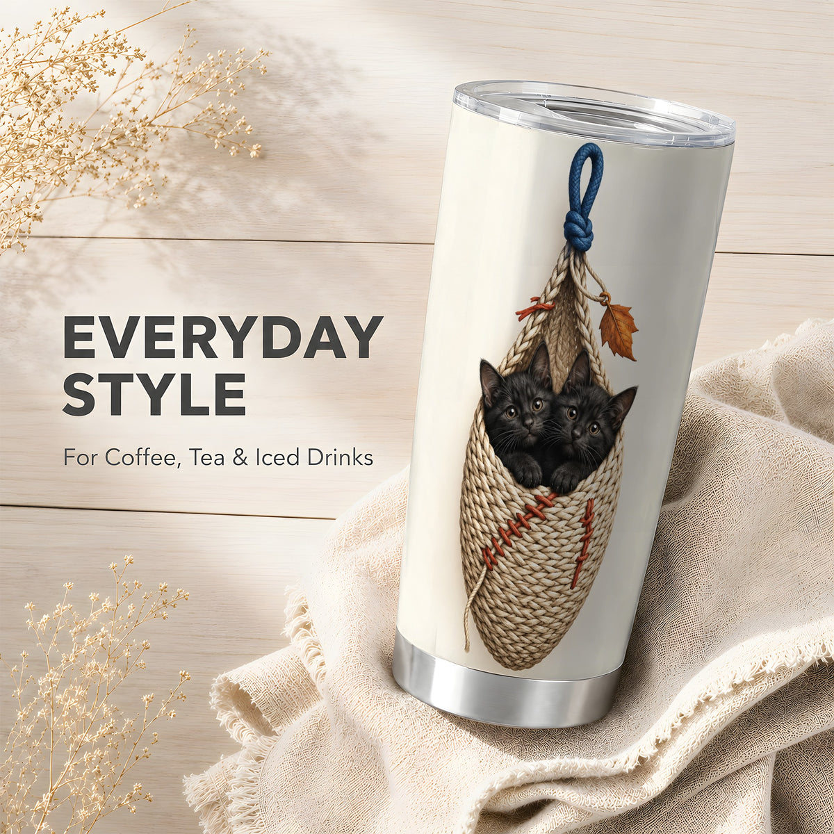 #pl[20oz|Steel] Black Kittens Tumbler 20oz, Cat Basket Tumbler, Stainless Steel Travel Cup