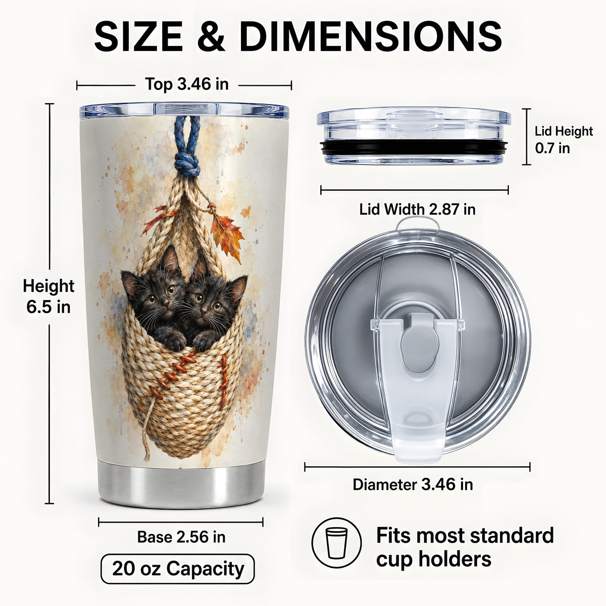 #pl[20oz|Steel] Watercolor Cats Tumbler 20oz, Cat Basket Stainless Steel Travel Cup