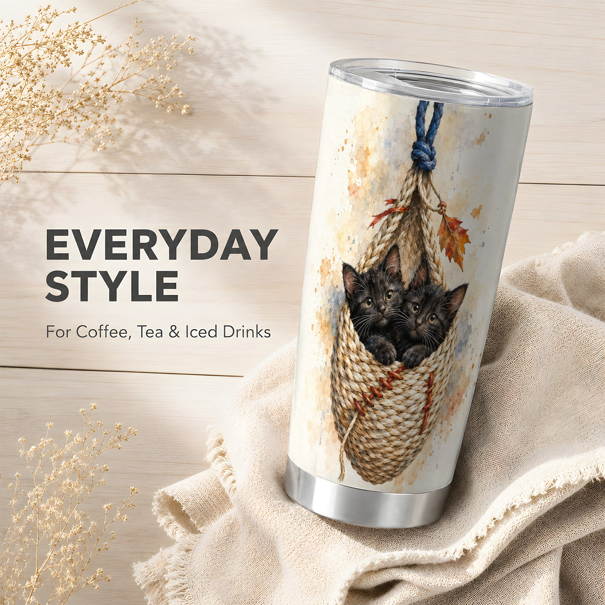 #pl[20oz|Steel] Watercolor Cats Tumbler 20oz, Cat Basket Stainless Steel Travel Cup