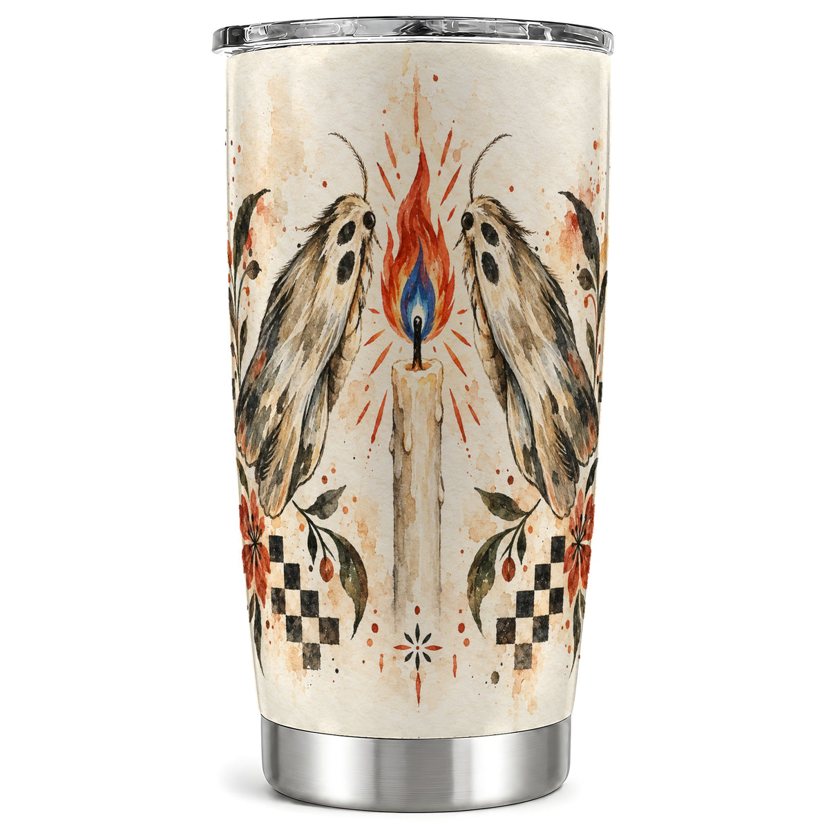 Moth Candle Tumbler 20oz, Folk Floral Stainless Steel Travel Cup