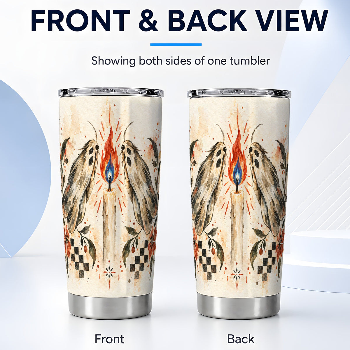 #pl[20oz|Steel] Moth Candle Tumbler 20oz, Folk Floral Stainless Steel Travel Cup