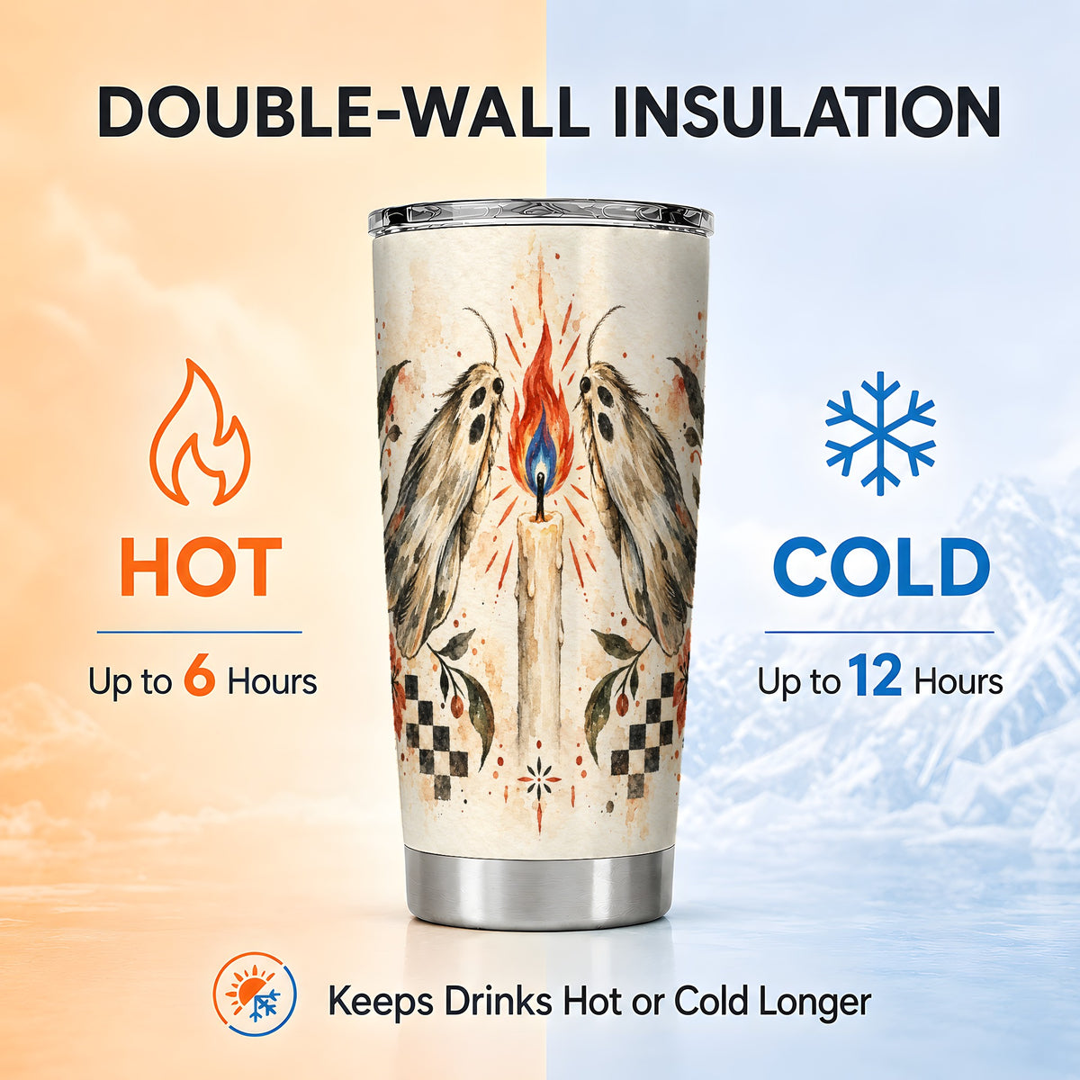 #pl[20oz|Steel] Moth Candle Tumbler 20oz, Folk Floral Stainless Steel Travel Cup