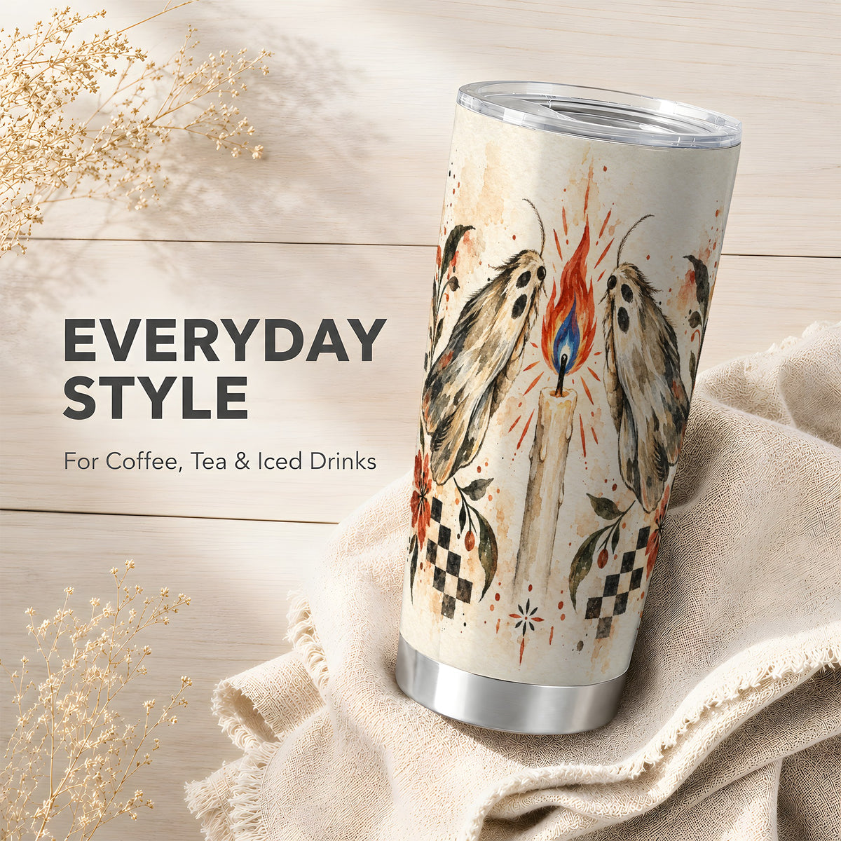 #pl[20oz|Steel] Moth Candle Tumbler 20oz, Folk Floral Stainless Steel Travel Cup