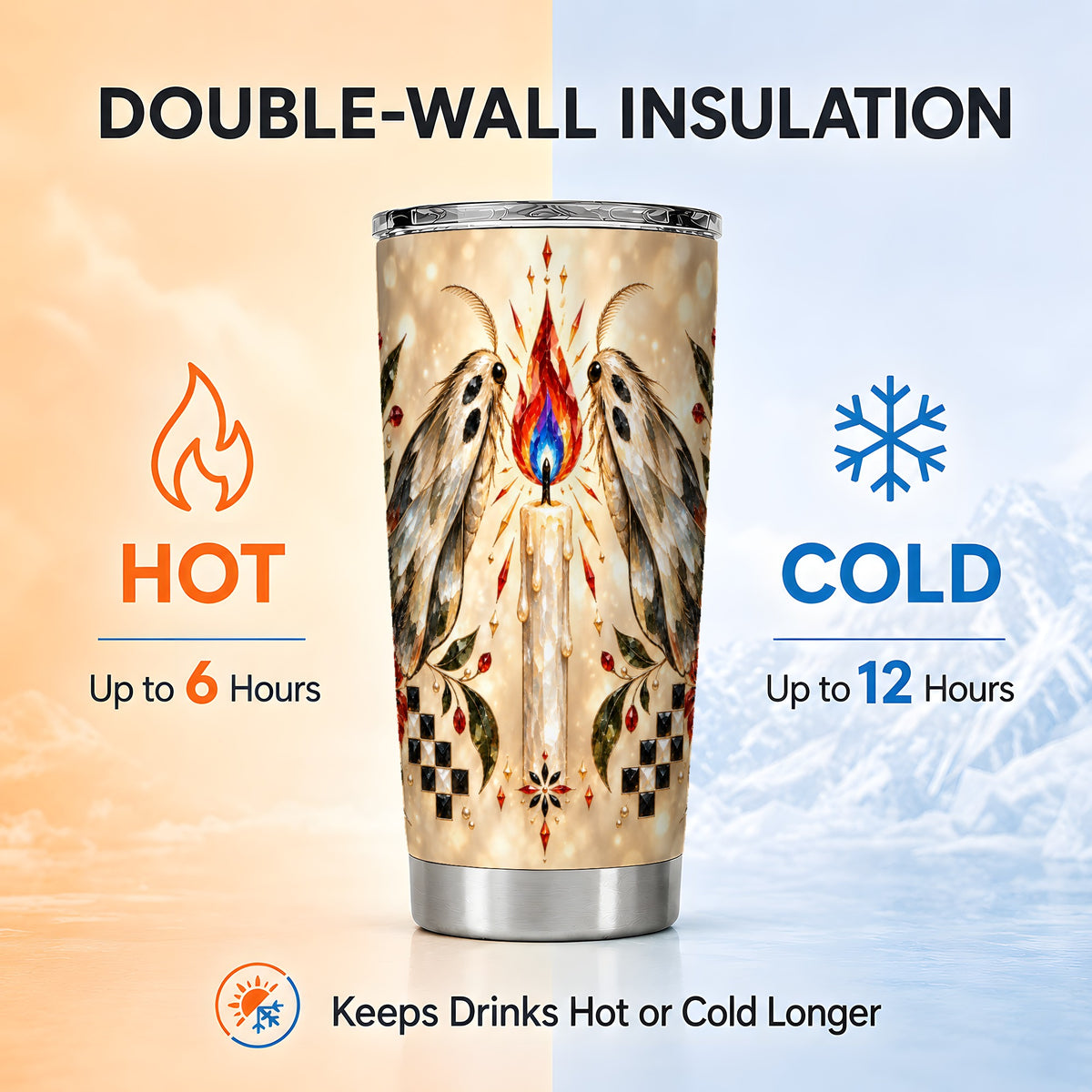 #pl[20oz|Steel] Crystal Moth Candle Tumbler 20oz, Gothic Stainless Steel Travel Cup