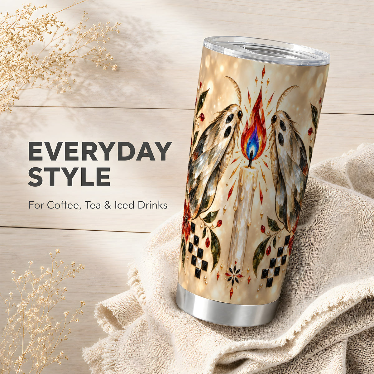 #pl[20oz|Steel] Crystal Moth Candle Tumbler 20oz, Gothic Stainless Steel Travel Cup