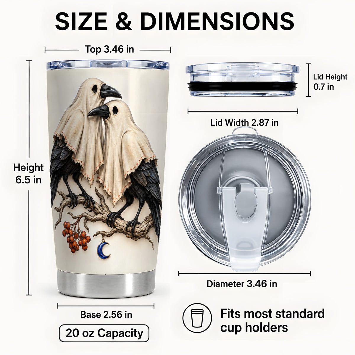 #pl[20oz|Steel] Ghost Crow Pair Tumbler 20oz, Gothic Stainless Steel Travel Cup