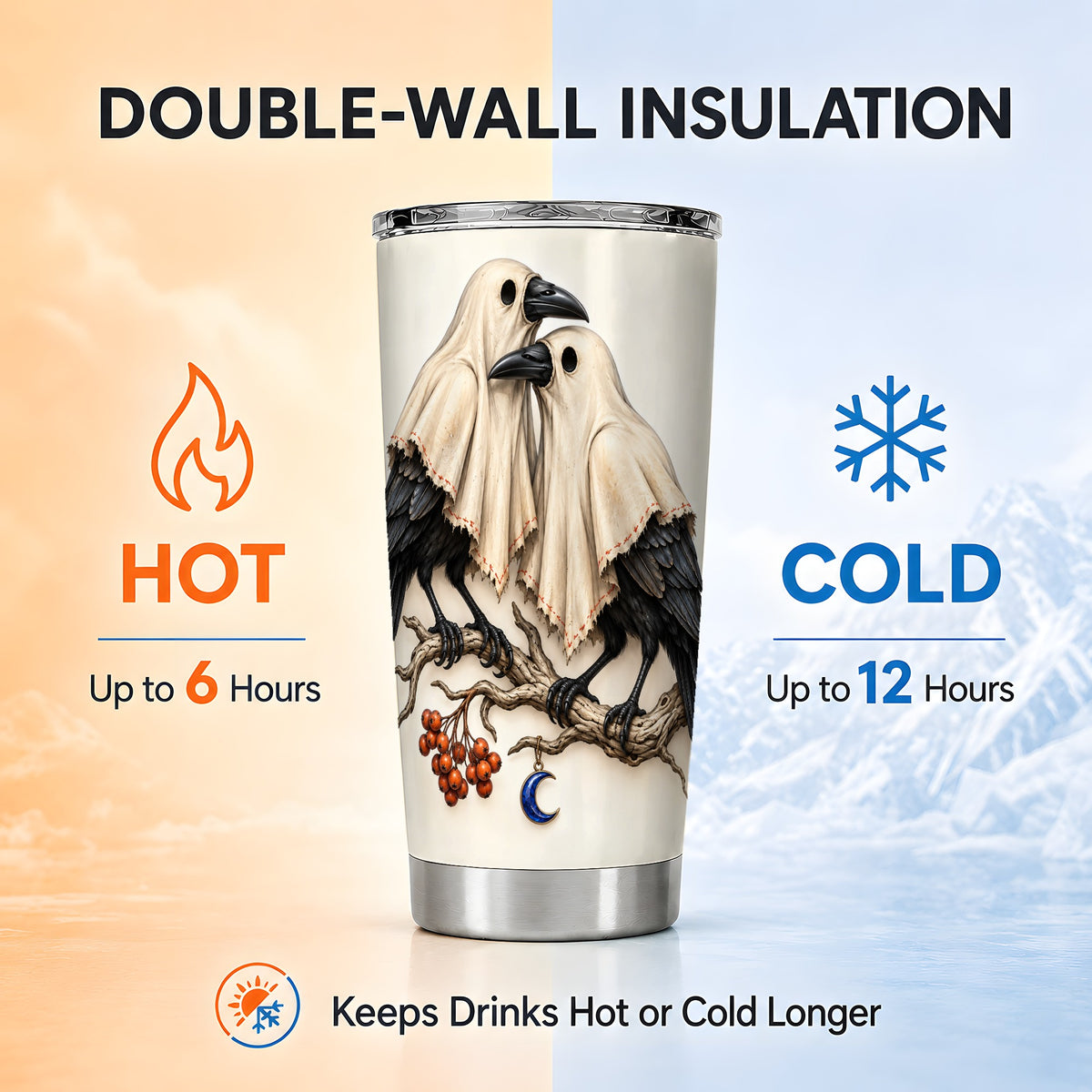 #pl[20oz|Steel] Ghost Crow Pair Tumbler 20oz, Gothic Stainless Steel Travel Cup