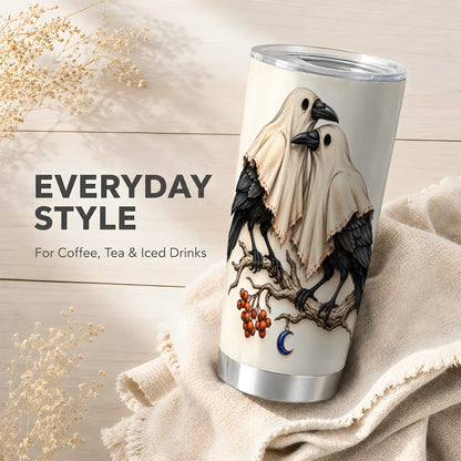 #pl[20oz|Steel] Ghost Crow Pair Tumbler 20oz, Gothic Stainless Steel Travel Cup